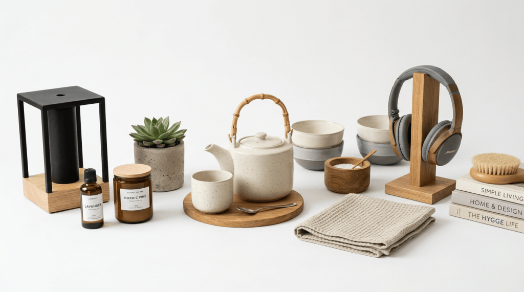 Minimalist Nordic home essentials including teapot, bowls, headphones, candles, and books.